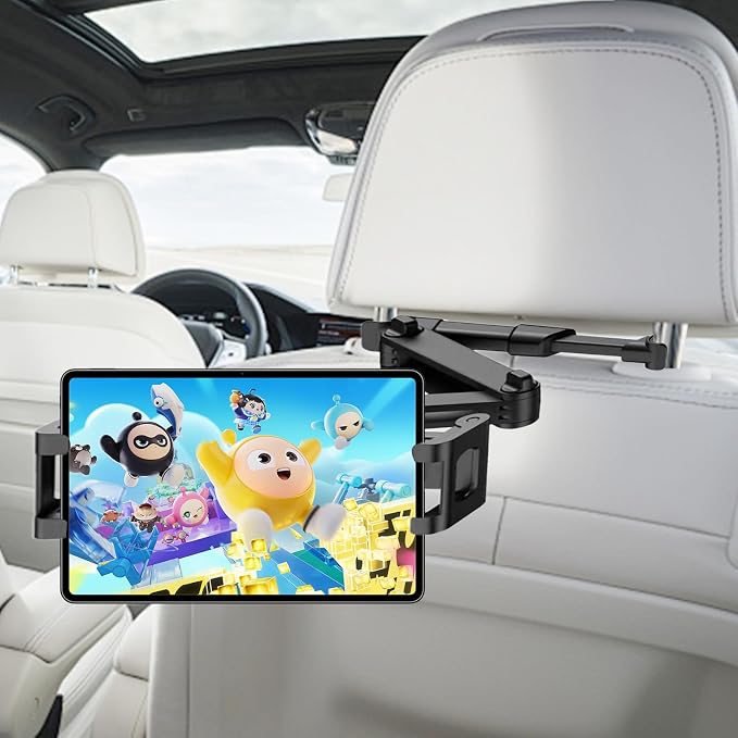 Car Headrest Tablet Holder, Stable Back Seat iPad Mount for Kids, Adjustable Long Arm Vehicle Head Rest Mount Compatible with 4.7-11" iPad Pro/Air/Mini, Samsung Galaxy Tablets, Fire HD