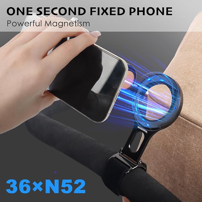 Magnetic Phone Holder for Stroller Bar, Compatible with MagSafe (Strong Magnet) - 180° Adjustable for Gym, Home Fitness Bikes, Shopping Cart, with Adjustable Strap, All Phone (Magnetic Ring Included)