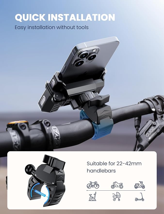 Bike Phone Mount for Electric, Mountain, Scooter, and Dirt Bikes [Camera Friendly] [1s Lock] Universal 360° Bicycle Handlebar Holder for iPhone 15/14/13 Samsung S23/S22 4.5-7" Smartphone (Grey)
