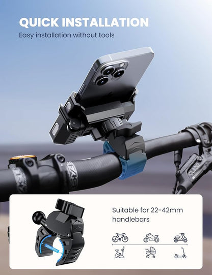 Bike Phone Mount for Electric, Mountain, Scooter, and Dirt Bikes [Camera Friendly] [1s Lock] Universal 360° Bicycle Handlebar Holder for iPhone 15/14/13 Samsung S23/S22 4.5-7" Smartphone (Grey)