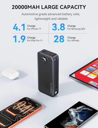 Nusyddy Portable Charger 20000mAh PD20W w/Built-in Cables & Wall Plug Black | PD20W Fast Charging, High Capacity, LED Display, Charge 5 Devices at once, TSA Approved, Compatible with iPhone/iPad/Samsung