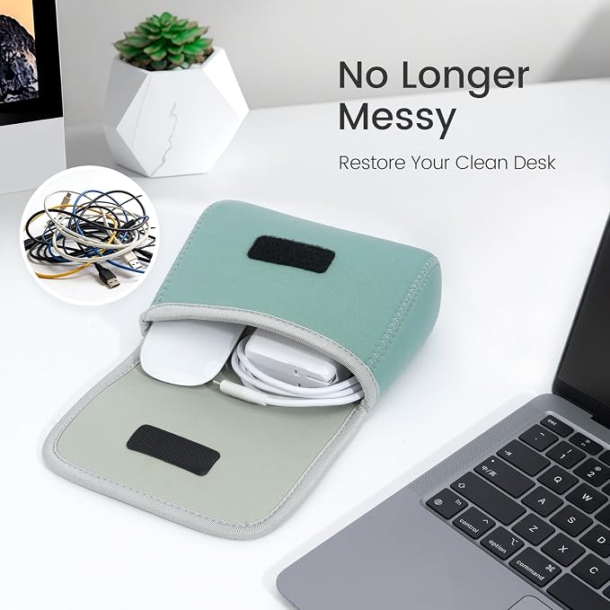 LENTION Mint Green Neoprene Electronic Organizer Pouch with Hook-and-Loop | Compact Tech Storage Fits Laptop Adapter, Mice, Charger, Power Bank & Cable to Keep Daily Travel Accessories Neatly Sorted