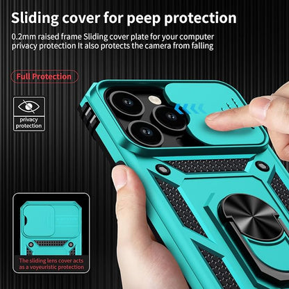 Vinve for iPhone 14 Pro Max Case with Slide Lens Cover HD Screen Protector, Military Grade Drop Protection, Magnetic Rotated Ring Holder Kickstand Protective Phone Case (Ice Green)