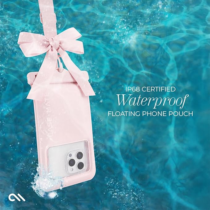 Case-Mate IP68 Waterproof Large Phone Pouch with Bow Design - Travel Beach Cruise Ship Essentials - Floating Phone Case with Crossbody Lanyard for iPhone 17 Pro Max/16 Pro/15/14/13/S26 - Ballet Pink