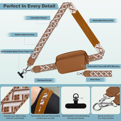YFWE Clip and Go Strap for Phone with Wallet Crossbody, Adjustable Phone Lanyard with Detachable RFID Wristlet Wallet, Pattern Strap - Bronze(L)