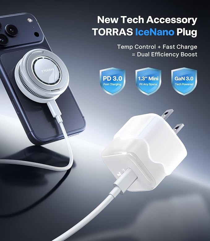 TORRAS PolarCircle Qi2.2 Wireless Charger, 25W Cooling Magnetic Pad for iPhone 17/16, Wireless Charger for Samsung Galaxy S26/S25 with 360°Spin Stand, Semiconductor Game Cooler, with 45W IceNano Plug