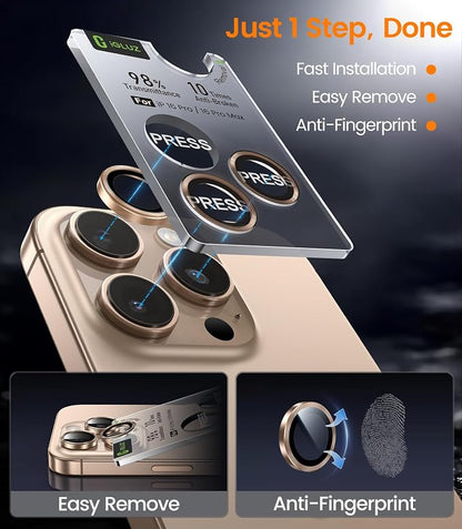 iGluz 2 Pack Anti-Reflection Camera Lens Protector for iPhone 16 Pro/iPhone 16 Pro Max [98% Transmittance][1-Step Installation Tray][Strong Adsorption] 9H Shatterproof Tempered Glass-Desert Titanium