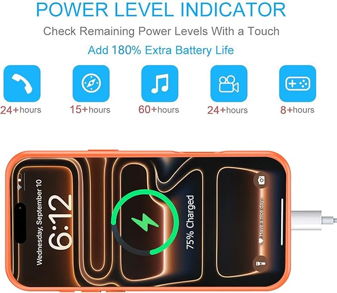 Battery Case for iPhone 17 Pro Max, 12000mAh Protective Charging Case with Wireless Charging Compatible with iPhone 17 Pro Max (6.9 inch) Rechargeable Battery Pack Charger Cover with Carplay (Orange)