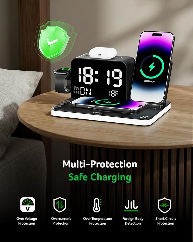 acer 7-in-1 Wireless Charging Station: Charger Stand for Multiple Devices for Apple - iPhone 16 15 14 13 12 Pro Max Apple Watch Airpods, Wireless Charger iPhone Charging Station with Bluetooth TimeSyn