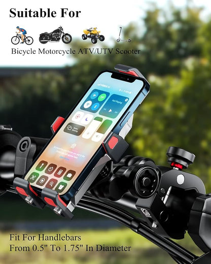 BRCOVAN Anti-Theft Aluminum Alloy Motorcycle Phone Mount Holder with Vibration Dampener & Secure Lock, Adjustable Bike Handlebar Cellphone Mount for Bicycle Scooter ATV UTV, Fit 4.7''-7.2'' Smartphone
