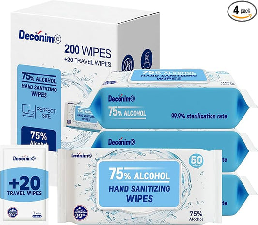 Advanced Large 75% Alcohol Hand Sanitizing Wipes, 4 Packs of 50 (200 count +20 travel wipes) - (Each Wipe Size 6" x 8")