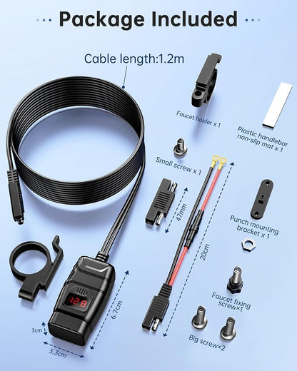 EXTRACTME Motorcycle USB Charger, 30W USB Type C PD & 24W QC3.0 Motorcycle Phone Charger with Voltmeter & ON/Off Switch, SAE to USB Motorcycle Accessories for Phone, Tablet, GPS, etc