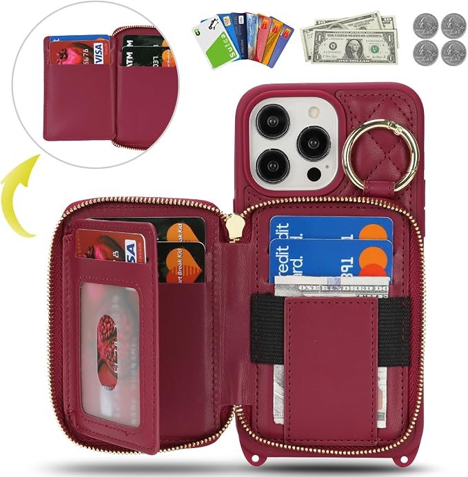 Crossbody Wallet Case for iPhone 14 Pro Max, PU Leather Zipper Handbag Purse Flip Cover, Kickstand Folio Case with Card Slots Holder Wrist Strap Lanyard 5G 6.7 Inch-Dark red