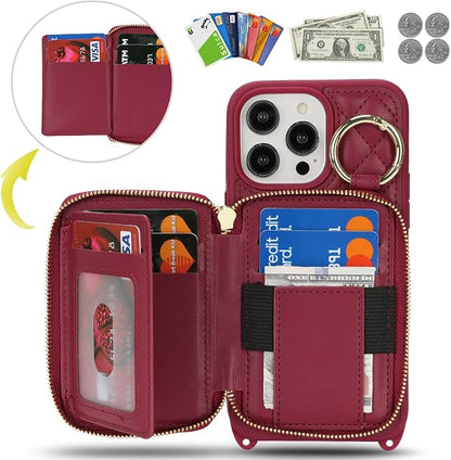 Crossbody Wallet Case for iPhone 14 Pro Max, PU Leather Zipper Handbag Purse Flip Cover, Kickstand Folio Case with Card Slots Holder Wrist Strap Lanyard 5G 6.7 Inch-Dark red