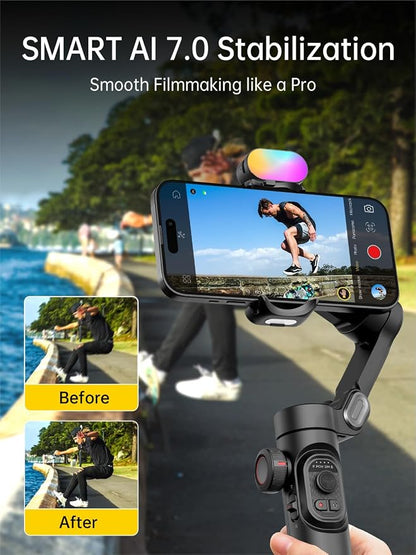 AOCHUAN Phone Gimbal Stabilizer 3-Axis Smartphone Foldable Handheld Gimbal for iPhone with Focus Wheel TikTok YouTube Vlog Stabilizer for iPhone17 16 15 14 13 Pro Max Android-Smart XE