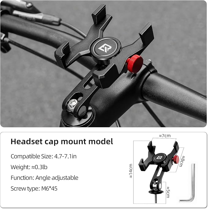 ROCKBROS Bike Phone Holder, Aluminum Bike Phone Mount Holder,Handlebar Mounted Cell Phone Holder for 4.7-7.1 Inch Phones Headset Cap Mount