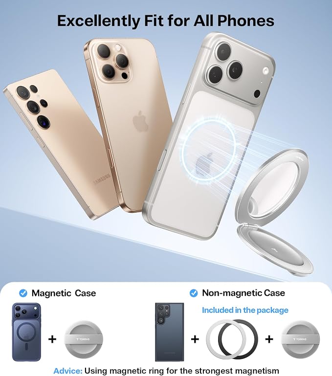 TORRAS 2026 Upgraded (Gen 7.0) Magnetic Phone Grip Ring Stand Holder, Comfortable Silicone Ring, Compatible with MagSafe Accessories 4-in-1 Kickstand for iPhone 17 pro max 16 15 14 13, Android,Silver