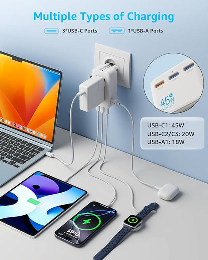 “Air” Universal Travel Adapter 3 USB-C＆ 1 USB-A Cover 200+ Countries | GaN 45W, International Plug Adapter, All in One Portable Adapter, NOT A Voltage Converter, for USA, UK, EU, AU (White)
