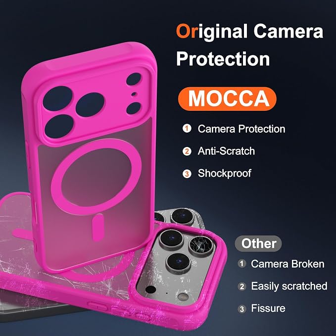 MOCCA Magnetic for iPhone 17 Pro Case, (Compatible with Magsafe) (16FT Military Grade Protection) Full Camera Protection Anti-Fingerprint Slim Translucent Matte Phone Cover 6.3",Hot Pink