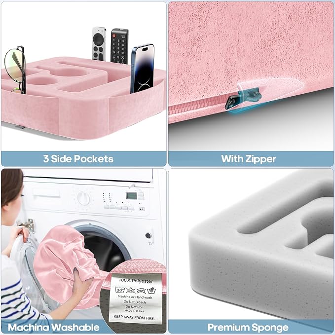 Couch Cup Holder Pillow, Sofa and Bed Caddy for iPad, Kindle, Switch, Game Controller, Remotes, Phones, Small-Sized Cup and Drink Holder for Couch, Bed, Desk, Car, Beach, Bathroom Cup Holder, Pink
