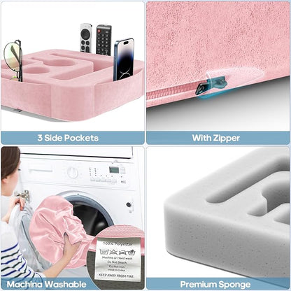 Couch Cup Holder Pillow, Sofa and Bed Caddy for iPad, Kindle, Switch, Game Controller, Remotes, Phones, Small-Sized Cup and Drink Holder for Couch, Bed, Desk, Car, Beach, Bathroom Cup Holder, Pink