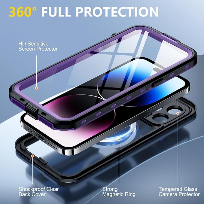 Red2Fire for iPhone 14 Pro Case Waterproof, [Built-in Screen Protector & Camera Protector][Compatible with MagSafe][Full Body Shockproof][IP68 Waterproof][Dustproof] Phone Case 6.1" Purple/Clear