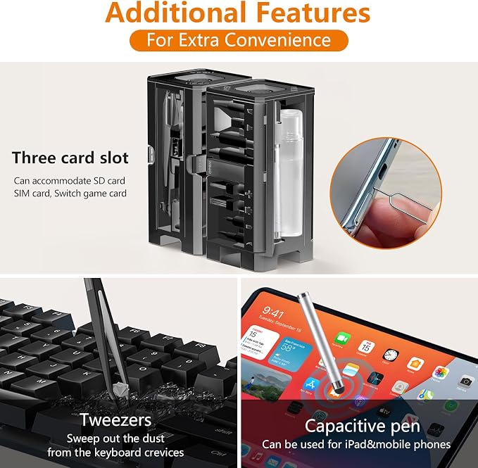Cell Phone Cleaning Kit, iPhone Cleaning Kit for Charging Port Cleaner Keyboard Cleaning Kit for Airpods/Android/USB C/Earbuds/Laptop/iPad/Camera Lens with Stylus Pen (Black)