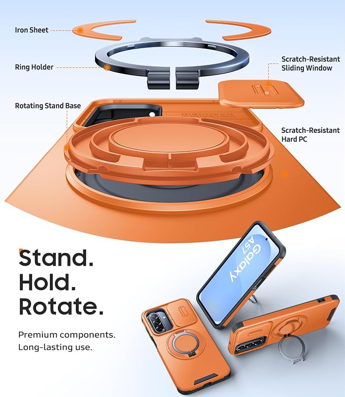 JAME for Samsung Galaxy A57 5G Case, Ring Holder Stand Kickstand, Slide Camera Cover, 2 Screen Protectors, Dual-Layer Shockproof Protective, Magnetic Accessory Friendly Galaxy A57 Phone Case, Orange