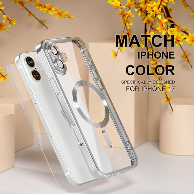 Misea Magnetic for iPhone 17 Case Compatible with MagSafe [Never Yellowing] [Military Grade Drop Protection] Full Camera Lens Protector Plating Soft Clear Phone Case for Women, Silver