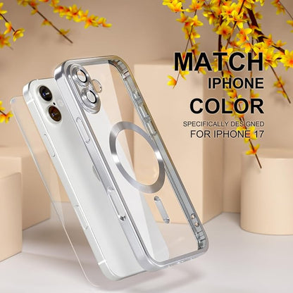 Misea Magnetic for iPhone 17 Case Compatible with MagSafe [Never Yellowing] [Military Grade Drop Protection] Full Camera Lens Protector Plating Soft Clear Phone Case for Women, Silver