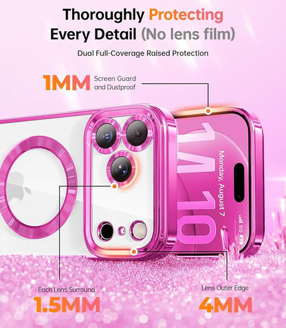 Meifigno Designed for iPhone 17 Pro Magnetic Case with Removable Phone Ring Stand, [Glitter Card & Wrist Strap] [MagSafe Compatible] [Built-in Mirror] Phone Ring Stand + Phone Case Kit, Hot Pink