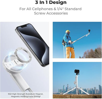K&F CONCEPT Popod 72" Phone Tripod, 3-in-1 Clip & Magnetic Selfie Stick with Remote, Automatic Phone Tripod Stand, Compatible with iPhone 17-12 Series Android Phones 1/4" Screw Accessories(White)