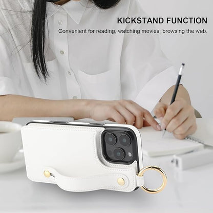 Folosu for iPhone 16 Pro Max Wallet Case with Card Holder, Hand Wrist Strap Loop Holder Kickstand, RFID Blocking Finger Grip Ring PU Leather Double Buttons Shockproof Cover 6.9" White