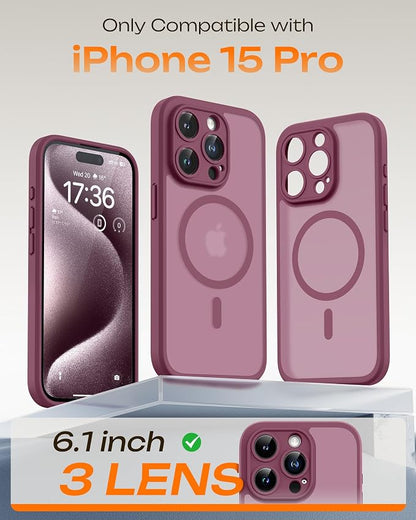 TOCOL for Phone 15 Pro Case, Compatible with Magsafe Charger, Full Camera Protection, Drop Protection, Translucent Matte Phone Case for iPhone 15 Pro 6.1 inch (Plum)