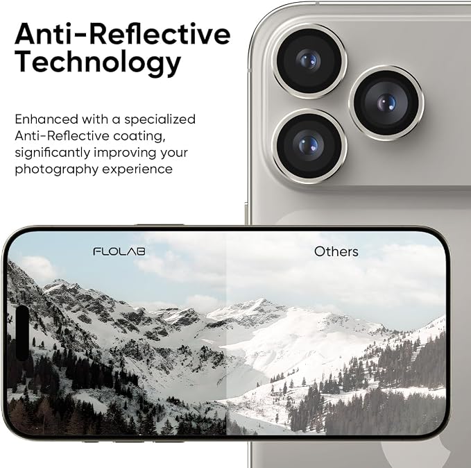 FLOLAB NanoArmour Anti-Reflective for iPhone 17 Pro Max/iPhone 17 Pro Camera Lens Protector - Durable Tempered Glass with Aluminum Ring, TruColors, Ultra Clear, Easy Install - Grey