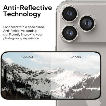 FLOLAB NanoArmour Anti-Reflective for iPhone 17 Pro Max/iPhone 17 Pro Camera Lens Protector - Durable Tempered Glass with Aluminum Ring, TruColors, Ultra Clear, Easy Install - Grey