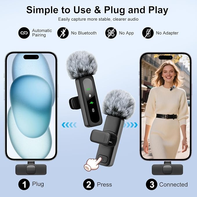 Wireless Mini Microphone for iPhone-Noise Reduction Lapel Mic for Ipad, Android,Clip-on Mini Microphone,Ideal for Vlog Tiktok YouTube Podcast Content Creator