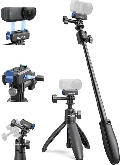 TELESIN Mini Selfie Stick & Magnetic Quick-Release Charging Adapter Mount for DJI Osmo Nano/Xtra Atto, 2-in-1 360° Adjustable Vlog Tripod with 1/4" Screw Hole Foldable Base, Anti-Slip Handle Grip