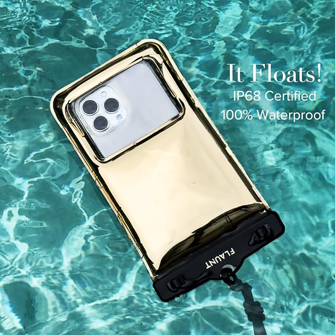 Flaunt Gold Metallic Waterproof Floating Phone Pouch with Crossbody Lanyard - Travel Beach Cruise Ship Essentials - Large