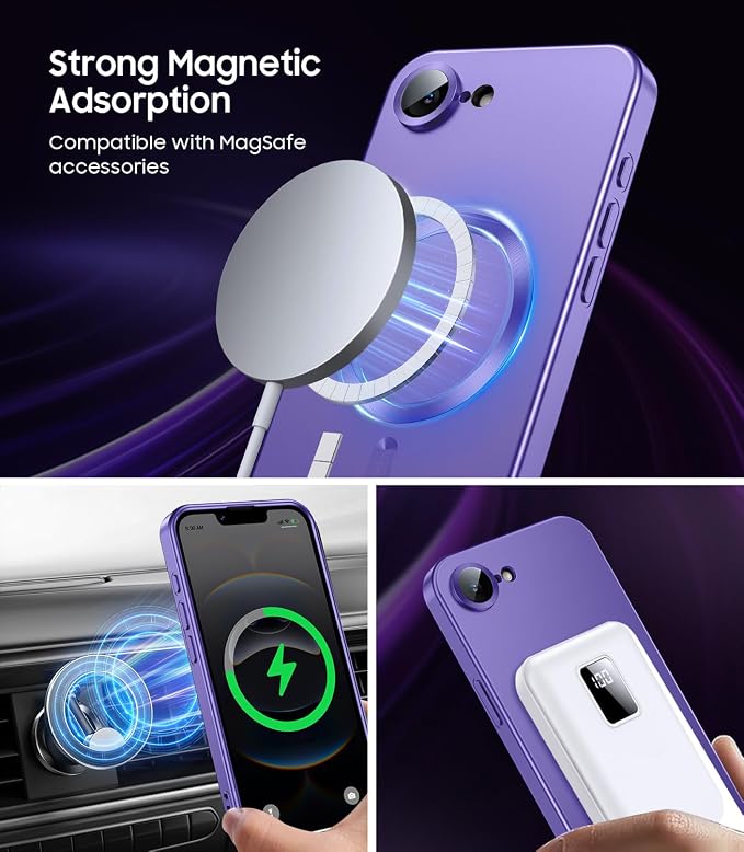 Magnetic for iPhone 16e / 17e Case [Compatible with MagSafe][Built-in Camera Lens Protector] Slim Soft Silicone Bumper Shockproof Metallic Luster 17e Phone Case (Purple)