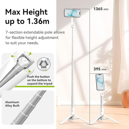 ULANZI 54'' Magnetic Selfie Stick Tripod Pro, All-in-One Phone Tripod w Magnetic Phone Holder & Detachable Wireless Remote, C/W Magsafe, for iPhone 16 15 14 13 12 Series & Android Phones (White)