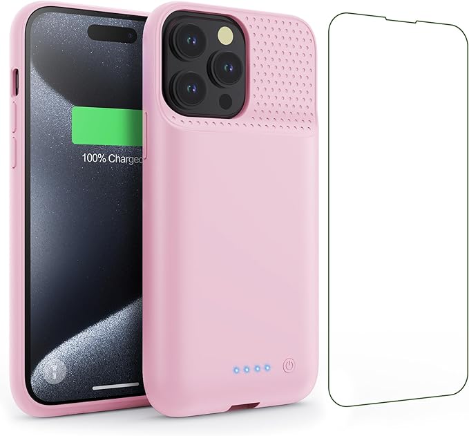 Battery Case for iPhone 15Pro Max, Upgrade 8600mah Portable Slim Battery Charging Case, 15W Fast Charging Rechargeable Protective Extended Charger Cover for iPhone 15 Pro Max (6.7 inch)-Pink