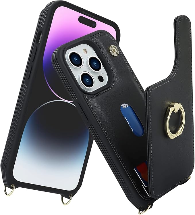 Lipvina for iPhone 14 Pro Max Case with Card Holder for Women,Phone Case with Strap,Crossbody Lanyard,Ring Stand,Snap Clasp,Cute Wallet Cases 6.7" (Black)
