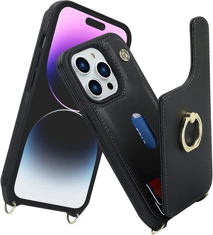 Lipvina for iPhone 14 Pro Max Case with Card Holder for Women,Phone Case with Strap,Crossbody Lanyard,Ring Stand,Snap Clasp,Cute Wallet Cases 6.7" (Black)