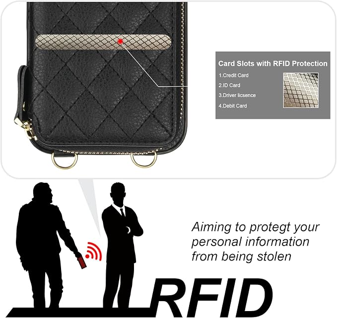 Bocasal Crossbody Wallet Case for iPhone 16 Pro Max, RFID Blocking PU Leather Zipper Handbag Purse Flip Cover, Kickstand Folio Case with Card Slots Holder Wrist Strap Lanyard 5G 6.9 Inch (Black)