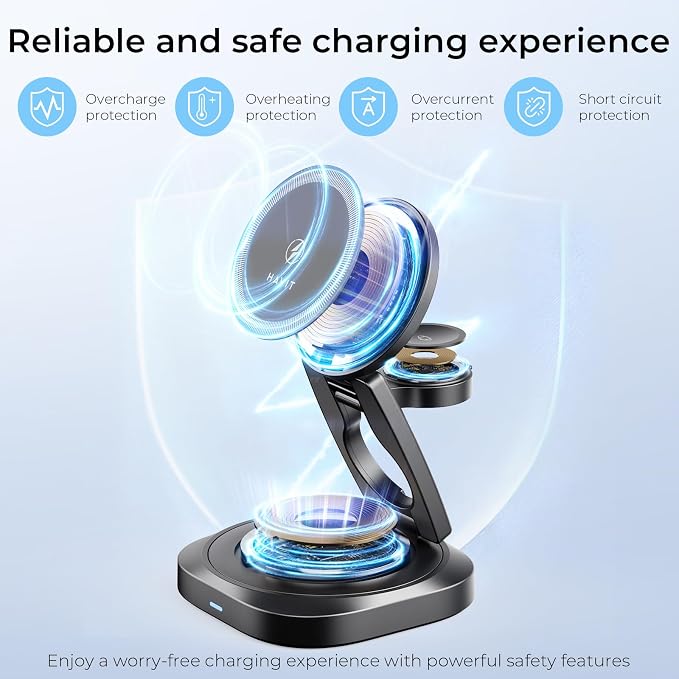 havit MagSafe 3 in 1 Wireless Charging Station, Foldable Travel Charger for iPhone 17/16/15/14/13/12, Apple Watch & AirPods, 15W Fast Magnetic Charger Stand with 360° Rotating, Portable Charger