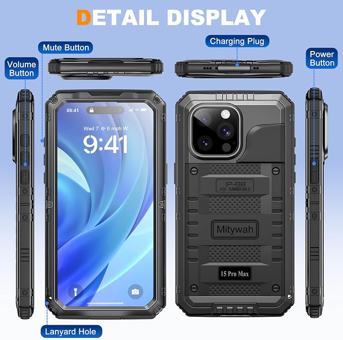 Mitywah Wateproof Case for iPhone 15 Pro Max, Heavy Duty Metal Cover for Swimming and Outdoor Adventures, Military Grade Shockproof Full Body Phone Case with Built-in Screen Protector, 6.7", Black
