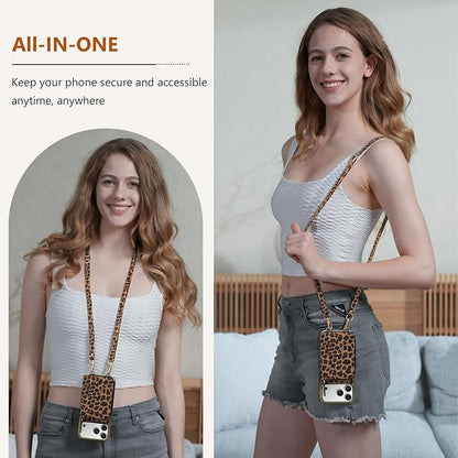 Keallce Wallet Case for iPhone 17 Pro Max 6.9", Crossbody Zipper Purse with Wristlet Strap, 4 Card Slots with RFID Blocking and Kickstand, Electroplated Leather Case for Women (Brown Leopard Print)