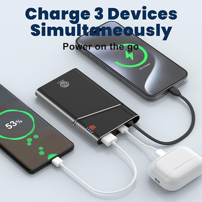 Aaoyun Portable Charger Power Bank, 10000mAh 22.5W PD Fast Charging Powerbank with Built-in USB C Cable, Slim External Phone Battery Pack for iPhone 17/16/15 Samsung S24 Android etc (Black)