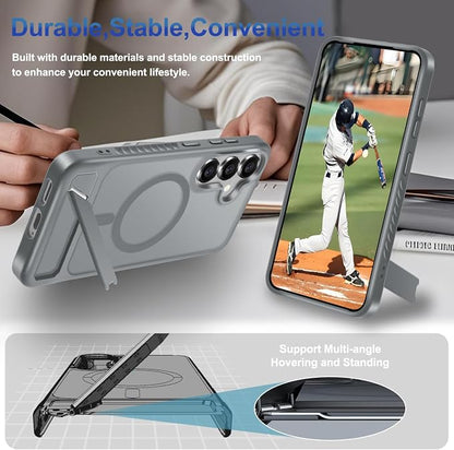 RMOCR for Samsung Galaxy S25 Plus Case with Screen Protector+Lanyard Wrist Strap,Magnetic Translucent Matte Rugged Slim Phone Cover Built in Invisible Kickstand [Fit for MagSafe],2025 Grey